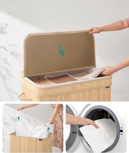 SONGMICS Wasmand met deksel, wasmand bamboe, waszak afneembaar en machinewasbaar, met handvatten, 150 liter, voor wasruimte, slaapkamer, woonkamer, naturel beige — thumbnail 4