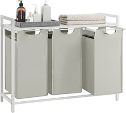 Wasmand Met 3 Vakken, Uittrekbaar Wassorteerder, Afneembaar Waszak, 3 X 38L, 92,5 X 33 X 72 Cm, Wit — thumbnail 3