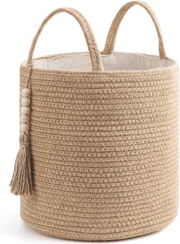 Geweven opbergmand - natuurlijke touwmand met houten kralen - voor dekens en speelgoed - woondecoratie - plantenorganizer met handgrepen — thumbnail 1