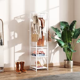 Kledingrek met Stang en 2 Open Planken, Hout en Staal, 38,5x30x170 cm, Wit en Houtkleur — thumbnail 3