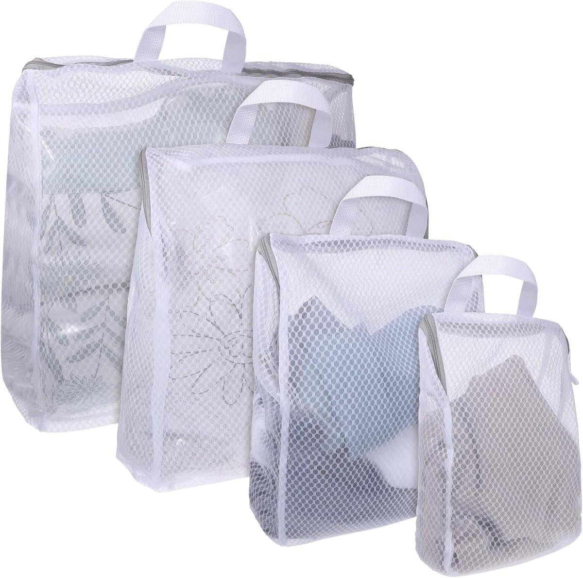 Waszakken - 4 stuks Gaas Waszakken - Draagbare waszakken - Vormvaste waszakken - 4 maten - Met rits en handvatten - Geschikt voor het wassen van sokken, bh's, ondergoed en kleding - S/M/L/XL - Grijs — afbeelding 1