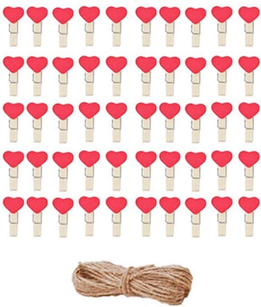 Mini Houten Clips - Harten Wasknijpers - Foto's Ophangen - Natuurlijk Hout Ontwerp - 100 Stuks - Rood — afbeelding 1