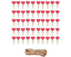 Mini Houten Clips - Harten Wasknijpers - Foto's Ophangen - Natuurlijk Hout Ontwerp - 100 Stuks - Rood
