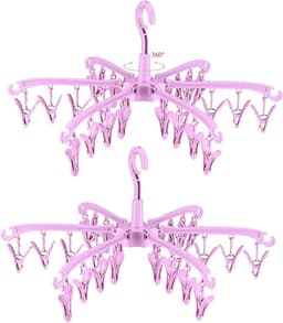 Set van 2 opvouwbare droogrekken met 24 knijpers voor het drogen van sokken, lingerie, babykleding, handdoeken, roterend drogen, roze — thumbnail 1