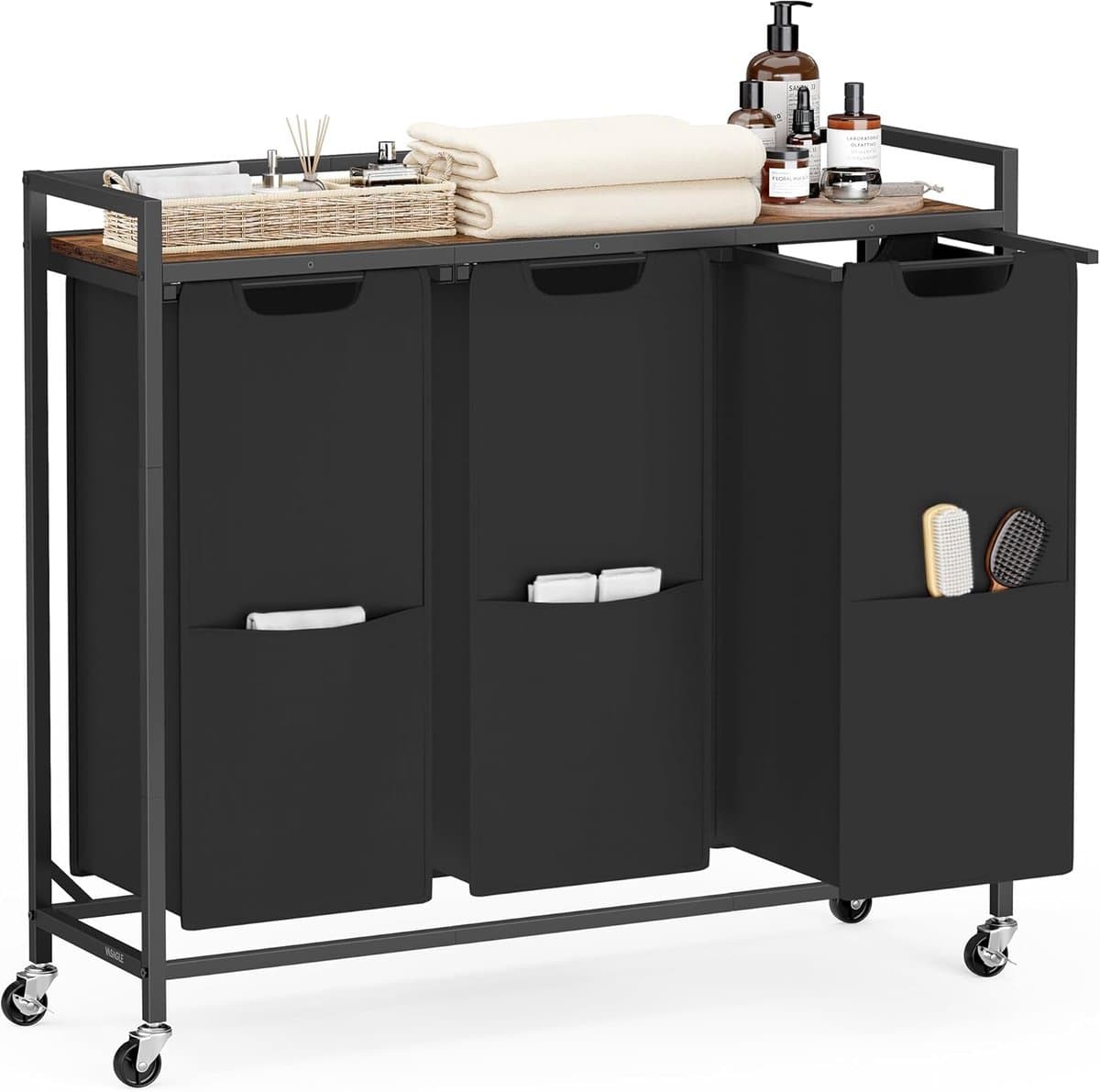 VASAGLE Wassorteerder, 43,5 Gal. (165 L) Wasmand met 3 compartimenten, rolkar met wielen, plank, verwijderbare zakken, zakken, inktzwart en rustiek bruin BLH031B01 — afbeelding 1