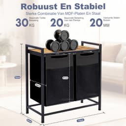 Dubbele Wasmand Naast Elkaar 92L – 2 Wasmanden Met Metalen Frame en Opbergplank 73×33×72 cm – Wasgoed Organizer — thumbnail 2