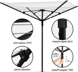 Vouwbare 4 Arm 50m Droogtoren - Verstelbare Kledingdroger met Deksel en Waslijn Spike voor Buiten in de Tuin, Ideaal voor Droog Kleding en Handdoeken — thumbnail 2