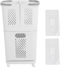 Dailygoody - Wasmand - Plastic Wasmand met Wielen - Draagbare Rollende Wasmanden - 3 Verwijderbare Opbergbakken - Geschikt voor Badkamer en Wasru — thumbnail 1