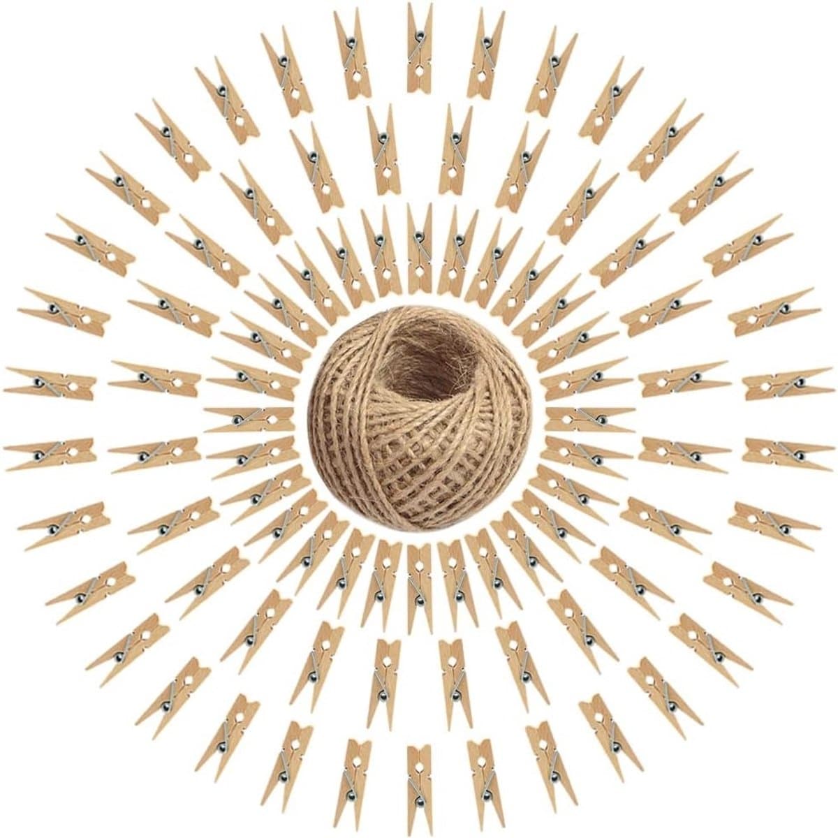 Set van 100 Houten Kledingknijpers en Foto Clips met 30 m Jute Touw voor Kleding, Foto's en Creatieve Projecten — afbeelding 1