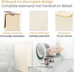 Wasmand met Deksel en Waszak - 100L - Groot Formaat - Wasmand - Opvouwbaar - Opbergmand - Linnen - Beige — thumbnail 5
