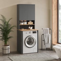 Wasmachinekast met Opbouw en Opbergruimte Badkamer Kast Anthraciet/Eiken — thumbnail 3