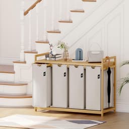Core® Wasmand 4 Vakken - Wassorteerder - Wasmand - met Verwijderbare Waszak - Licht Grijs - 107cm x 42cm x 77cm — thumbnail 4