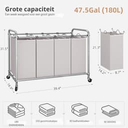 MIRA® Wasmand 4 Vakken - Wassorteerder - Waszak - Metaal Frame - Grijs - ‎100cm x 43cm x 80cm — thumbnail 4