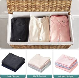 SONGMICS Wasmand, handgeweven, wasverzamelaar, 140 L, gemaakt van polyrattan, met 3 compartimenten, uitneembare zak, deksel, handvaten, voor woonkamer, badkamer, 66 x 33 x 60 cm, kleur naturel LCB363N01 — thumbnail 4