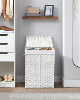 Wasmand met deksel, wasverzamelaar, 90 liter, 2 vakken, uitneembare waszak met handgrepen, handgevlochten, voor slaapkamer, badkamer, 33 x 46 x 60 cm, wit, LCB251W01V1 — thumbnail 2