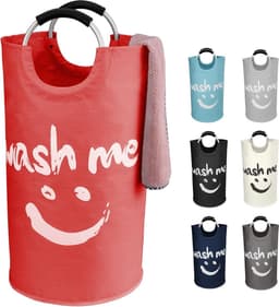Vuile wasverzamelaar, grote opvouwbare wasmand met zachte handgrepen, staande wasmanden, smiley waszakken voor slaapkamer, wasgoed, slaapzaal, camping, irriteren (rood) — thumbnail 4