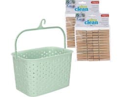 Wasknijpersmandje met ophanghaak - mintgroen - en 48x houten wasknijpers 7 cm - was ophangen — afbeelding 1