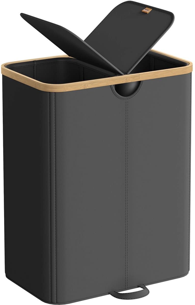 Wasmand 52 x 38,5 x 75 cm Zwart Inhoud van 150 liter Dubbele vakverdeling Met deksel tegen geurtjes+afneembare binnenzak Stevige en duurzame constructie Waterafstotend en gemakkelijk te reinigen Geschikt voor wasruimte, slaapkamer en woonkamer — afbeelding 1