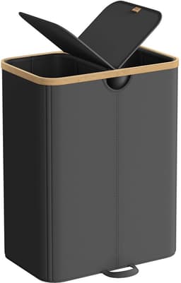 Wasmand 52 x 38,5 x 75 cm Zwart Inhoud van 150 liter Dubbele vakverdeling Met deksel tegen geurtjes+afneembare binnenzak Stevige en duurzame constructie Waterafstotend en gemakkelijk te reinigen Geschikt voor wasruimte, slaapkamer en woonkamer — thumbnail 1