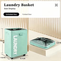 Wasmand met Wieltjes 65L Opvouwbare mobiele wasmand met 4 wielen Opvouwbare Wasverzamelaar Oxford Vuile Kleren Opbergmand Inklapbare Wasmand, Geschikt voor Kleding, Dekens (Lichtblauw) — thumbnail 4