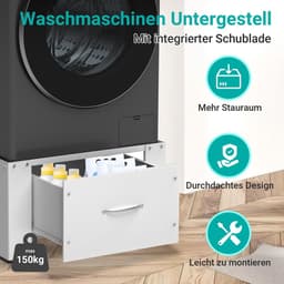 2-delige set wasmachine-onderstel, met lade, 63 x 54 x 32 cm, wit, versterkte stalen platforms elk 150 kg, grote opbergruimte 44 x 48 x 18 cm, universele onderbouw voor wasmachine/droger — thumbnail 4