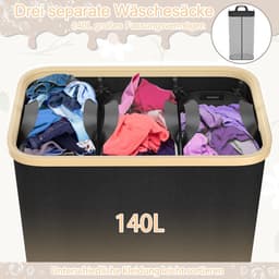 Wasmand 3 vakken - Wasopslag mand - Sorteren van wasgoed - Opvouwbaar met deksel - 140 Liter - Zwart — thumbnail 3