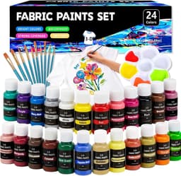 24 x 25 ml, textielverf, wasmachinebestendig, 3D-stofkleuren, wasbestendig, stofverf met 10 penselen voor kleding, textielverf voor T-shirt, schoenen, jeans, tassen, kleding, glas, hout — thumbnail 1