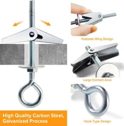 4 Sets M6 Wing Spring Hook, Spring Toggle Wing Gesloten Haak, Plafond Gipsplaat Montage Haak, met Zeskant Moeren, Ringen, voor Gipsplaat Holle Wanden Hangende Planten Bevestiging — thumbnail 4