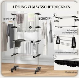 Droogtoren – 5 Etages Met Wielen – 142 x 55 x 172 cm – Roestvrij Staal – Zwart en Zilver – Inklapbaar — thumbnail 4