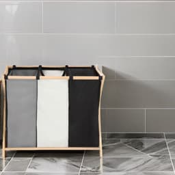 Muntel® Wasmand - Opvouwbaar - Beukenhout - Polyester - 3 Vakken - 105 L - Zwart - Grijs - Ecru — thumbnail 5