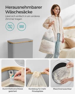 SONGMICS LCB513G01 Wasmand met Deksel, Wasmand met 2 Compartimenten, 130 L, Afneembare Waszak, Oxford Stof, Bamboe Handgrepen, Opvouwbaar, 52 x 38,5 x 70,5 cm, Duif Grijs — thumbnail 2