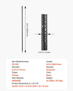VEVOR Wapeningsstaven, 609,6 mm / 24 inch, Zware Uitvoering, 0,47 inch Diameter, Rechte Gegalvaniseerde Stalen Grondankers met Beitelpunt en Roestwerende Coating, voor Tuinondersteuning, Schuttingen, Kampeertenten (20 stuks) — thumbnail 2