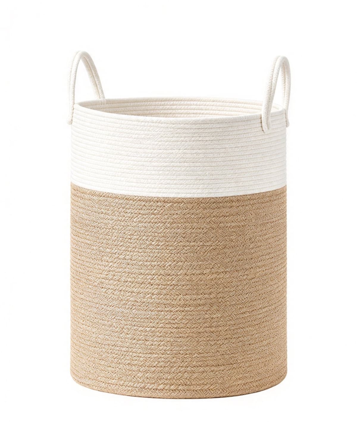 Opbergmand 80L, Wasmand 40x40x60 cm Wit Grijsbruin, Katoenen Katoenkoord Mand met Handgrepen, Grote Wasmand voor Kinderen en Gezin, Wasmandje Speelgoedmand Dekkenmand Kledingmand voor Woonkamer Slaapkamer Kinderkamer — afbeelding 1