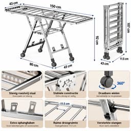 Opvouwbaar Droogrek met Wielen – 150 x 43 cm – Verstelbaar Wasrek 54-107 cm – Verrijdbaar Kledingrek – Inklapbaar Droogrek met Ophanghaken – Zilver — thumbnail 4