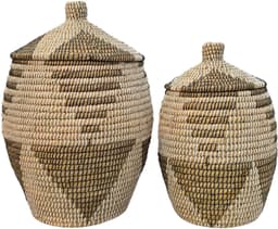 Wasmand met deksel – zeegras – set van 2 – 30 en 60 l – naturel zwart wit — thumbnail 1