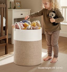 Opbergmand 80L, Wasmand 40x40x60 cm Wit Grijsbruin, Katoenen Katoenkoord Mand met Handgrepen, Grote Wasmand voor Kinderen en Gezin, Wasmandje Speelgoedmand Dekkenmand Kledingmand voor Woonkamer Slaapkamer Kinderkamer — thumbnail 3