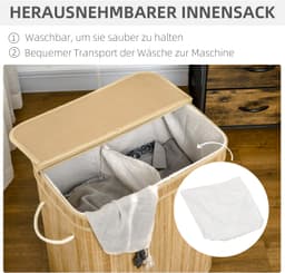 Homona Wasmand - 90 liter - Met 2 vakken en uitneembare waszak - Met deksel - Bamboe - 54,2 x 35,2 x 59,5 cm - Naturel — thumbnail 3