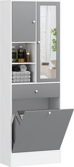 Badkamerkast met wasmand en spiegel - verstelbare plank - 62 x 28 - 3 x 181 cm - grijs en wit — thumbnail 1