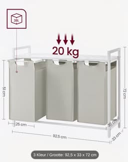 Wasmand 3 Vakken, Wasverzamelaar met Plank, Wasdoos, Oxford Doek Waszak Afneembaar, Metalen Frame, 3 x 38 L, 92.5 x 33 x 72 cm, Vintage Duifgrijs — thumbnail 4