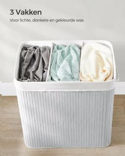 Luniva Wasmand 3 Vakken 150L - Wassorteerder met Deksel - Inclusief 3 Uitneembare Waszakken - Opvouwbaar - Bamboe - Lichtgrijs — thumbnail 3