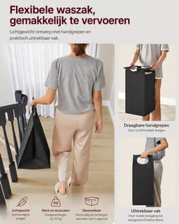SanaVida - Wasmand - Wasmand 3 vakken - 114L Was - Met Opbergruimte - Oxford Stof - Stalen Frame - 92,5 x 33 x 72 cm - Zwart/Hout — thumbnail 4
