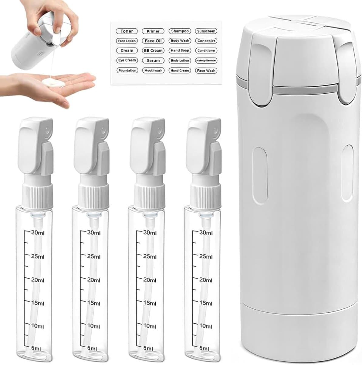 4-in-1 reisdispenser, reisflessen om te vullen, navulbare reisdispenserflessen, 30 ml, reisflessen voor toiletartikelen, met schaal en etiket, voor shampoo, conditioner, lotion, crème — afbeelding 1