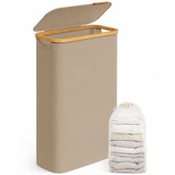 AALVERO - Wasmand - Wasbox - Wasmand met deksel - Ruimtebesparend - Uitneembare waszak - 65L - Oxford stof - Bamboe - Camel Bruin — thumbnail 1