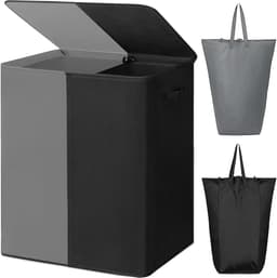 Ploutos® Wasmand 2 Vakken - Luxe Wassorteerder - Dubbele Waszak – Grijs/Zwart - 63cm x 36cm x 68cm — thumbnail 2