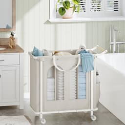 Home & Beyond® Wasmand op Wielen met 3 Vakken en Afneembare Ophangzak - Wassorteerder 185 L - Beige - 90 x 39 x 80 cm — thumbnail 5