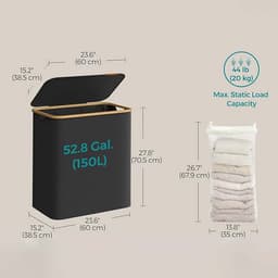 Wasmand, wasgoedmand, sorteermand 60 x 38,5 x 70,5 cm zwart, grote capaciteit van 150 l, 3 vakken voor sorteren en opbergen, met handvatten, deksel en uitneembare mesh binnenzak, opvouwbaar en ruimtebesparend, voor slaapkamer, badkamer en wasruimte — thumbnail 2
