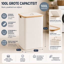 Noventra - Wasmand 100 Liter - Wasmand met Deksel - Wasmand met Waszak - Bamboe Rand - Opvouwbaar - Wasgoed Wasmand - Kledingmand - Wasmand Badkamer - Wit — thumbnail 5