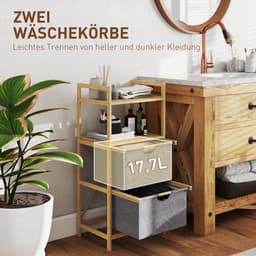 Bamboe wasrek met 2 stoffen wasmanden-open schappen-ruimtebesparend-natuurlijk hout — thumbnail 5