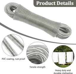 Verstelbare waslijn van 30 meter met stalen kern, 4 mm diameter, geschikt voor binnen en buiten, duurzaam en weerbestendig. — thumbnail 5
