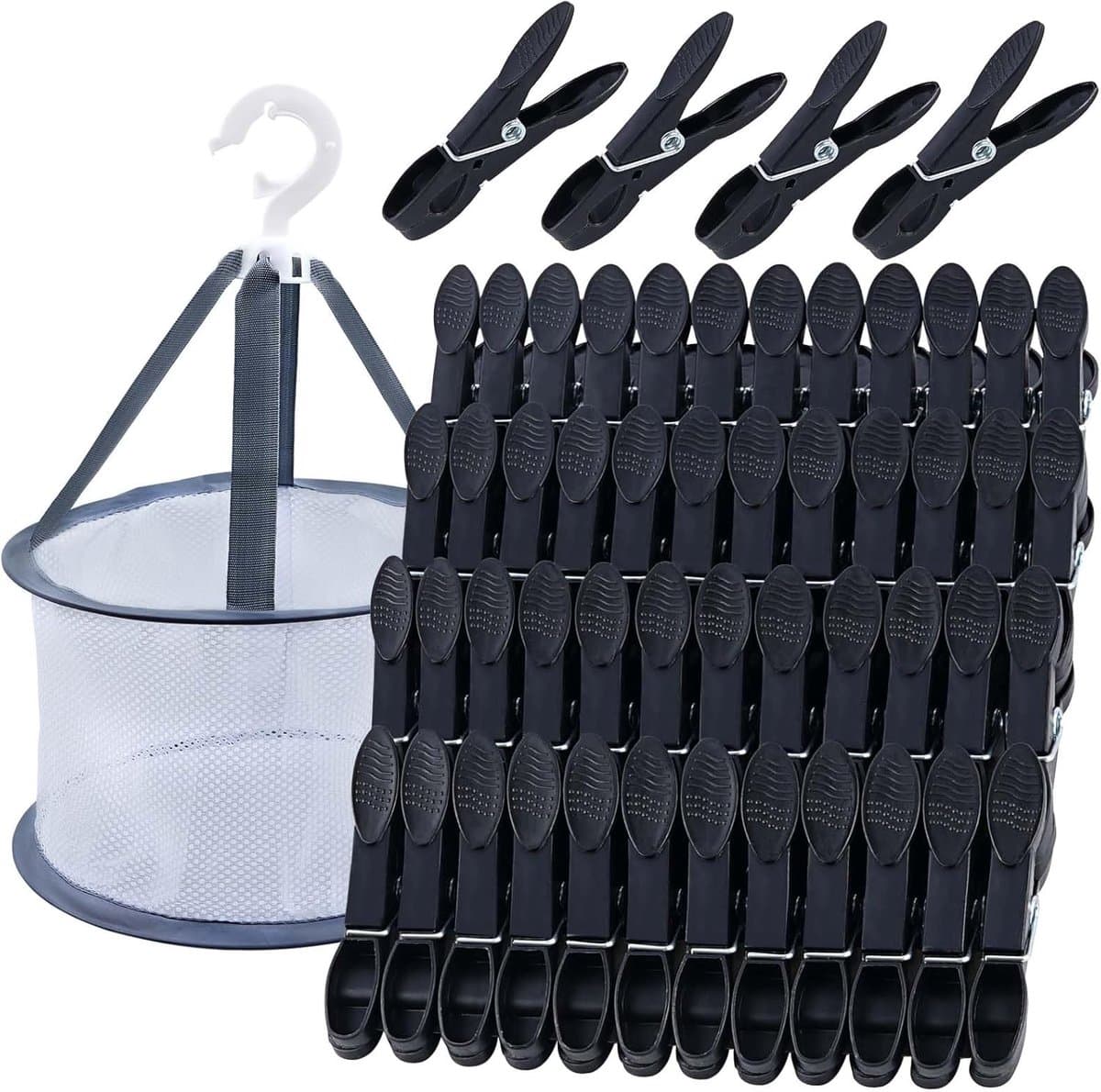 Thijox - 48 Stuks Zwarte Wasknijpers met Mand, Windbestendige Kleurrijke Knijperzakken voor Wasknijpers, Plastic Wasknijpers zonder Afdruk, Sokkenklem — afbeelding 1